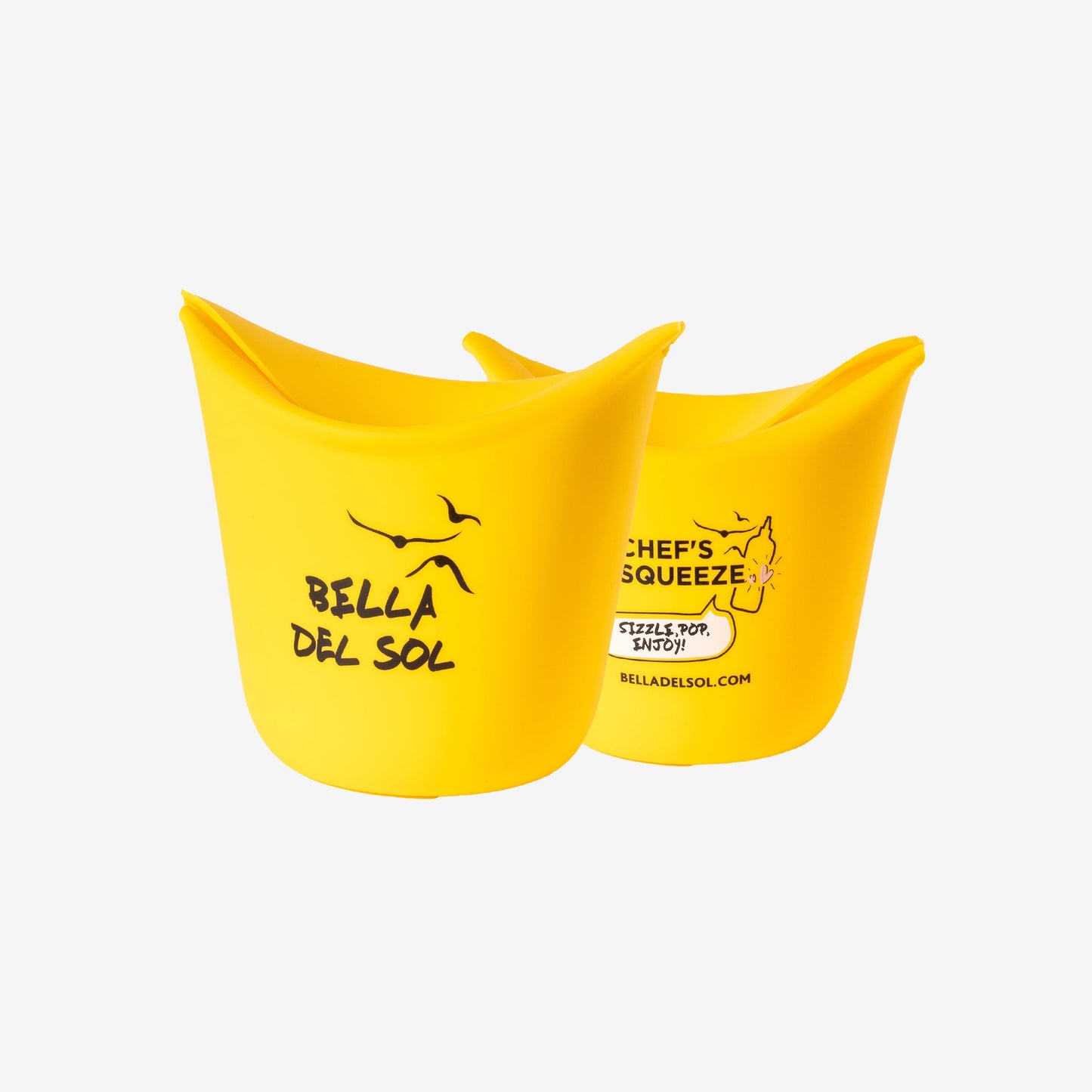Front and back view of the yellow Bella Del Sol single-serve silicone popcorn popper, featuring a sleek design and branded logo, highlighting its compact and foldable functionality.