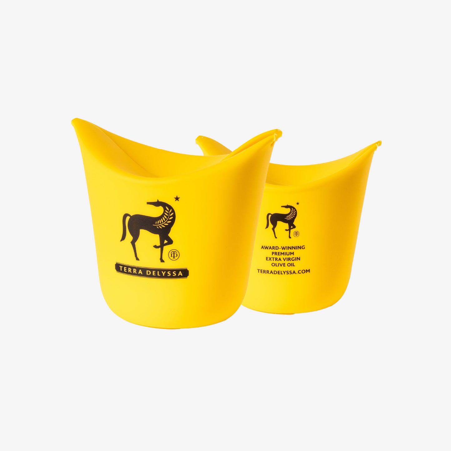 Front and back view of the yellow Terra Delyssa single-serve silicone popcorn popper featuring the iconic horse logo, showcasing its compact and foldable design.