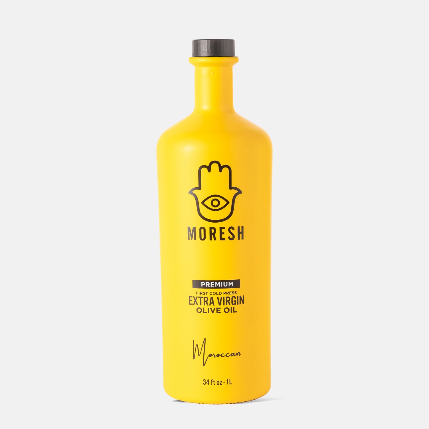 A bright yellow bottle of Moresh Extra Virgin Olive Oil with a black cap, centered on a light gray background.