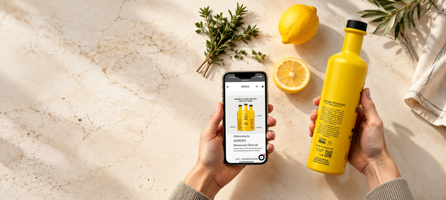 A picture of someone having scanned the QR code on the back of the bottle to trace the olive oil's origin and harvest details