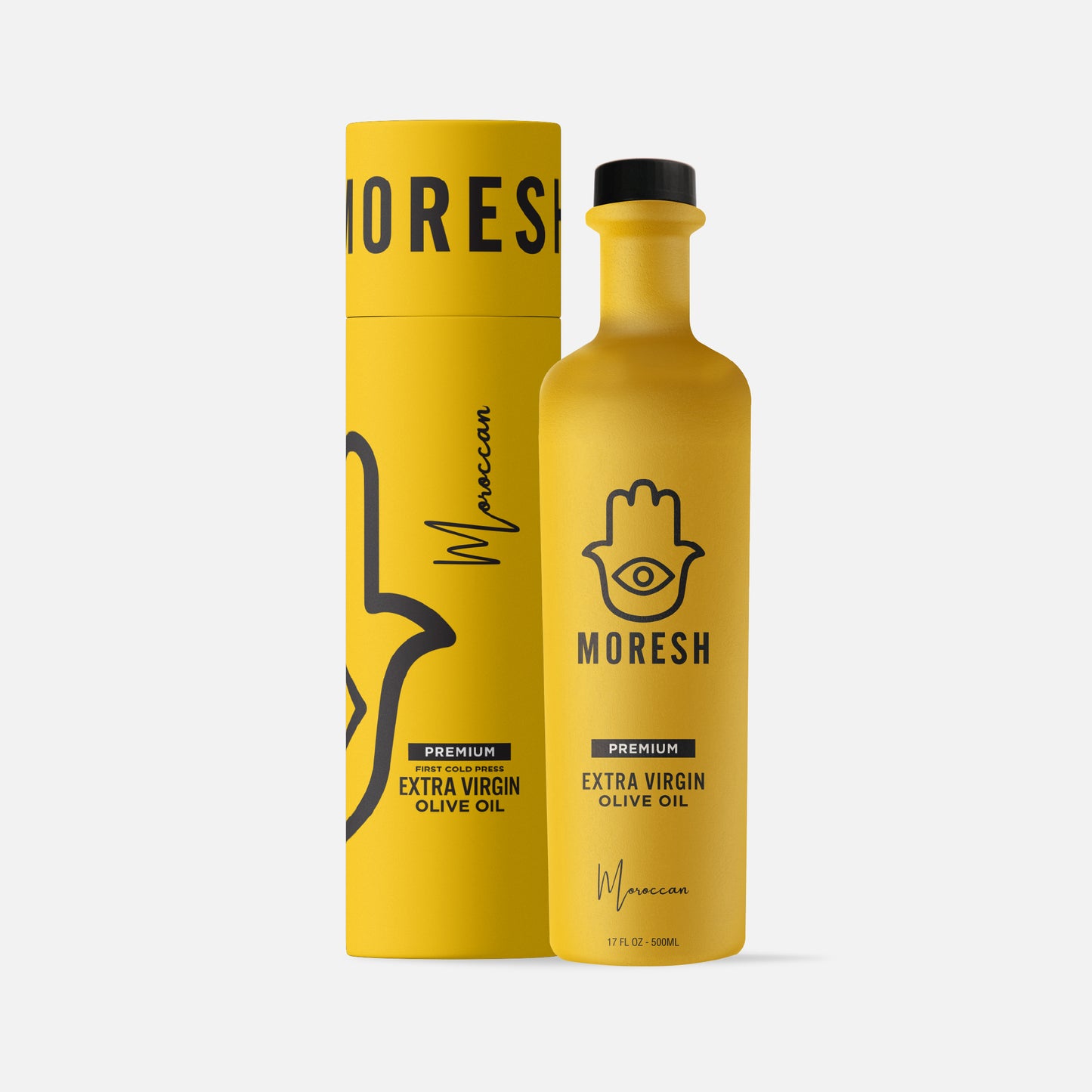 
                  
                    Yellow bottle and gift packaging of MORESH olive oil on a white background
                  
                